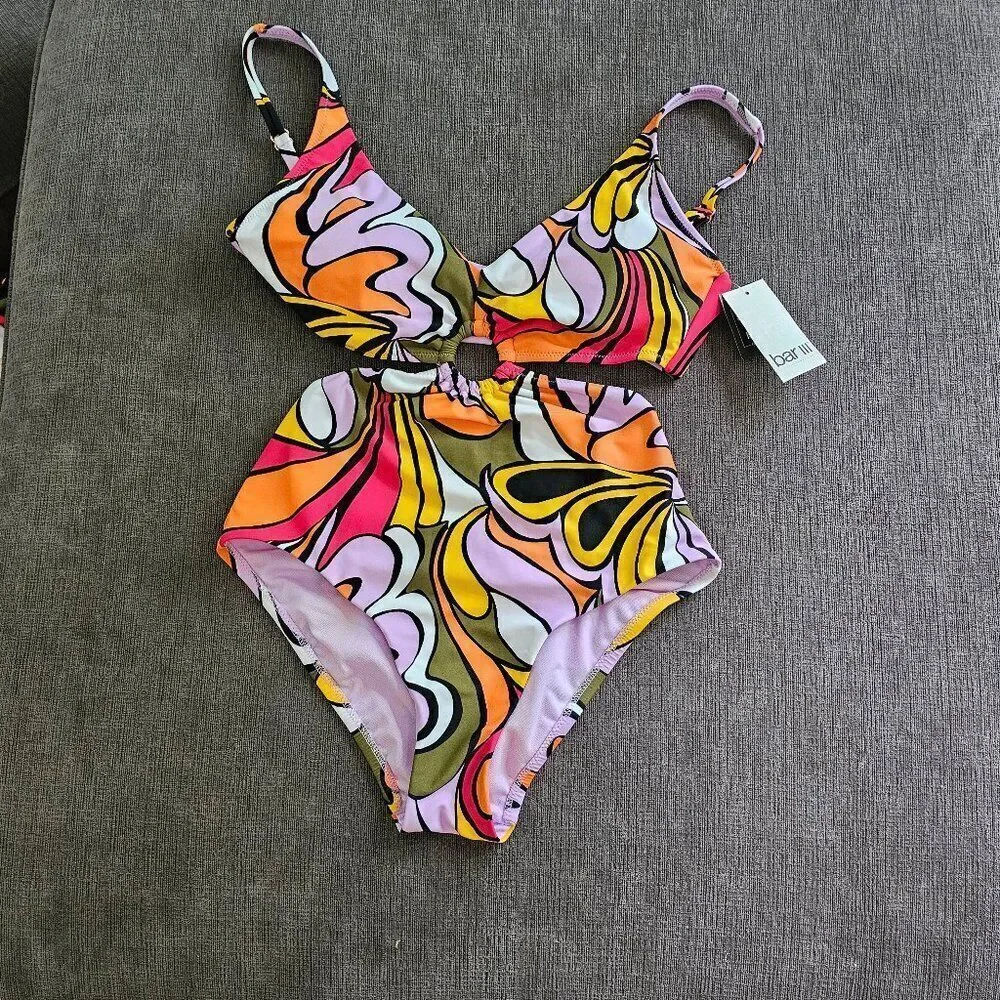 Bar III Women's Multicolor Vibe Check Ring Monokini Swimsuit Size XS